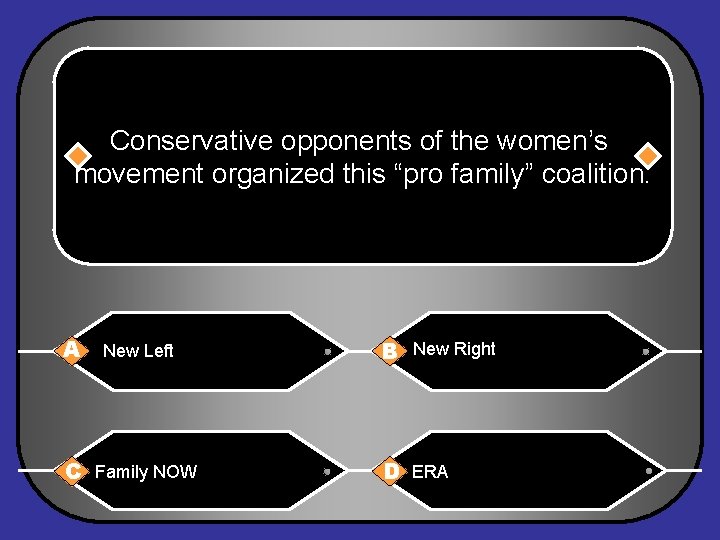 Conservative opponents of the women’s movement organized this “pro family” coalition. A New Left