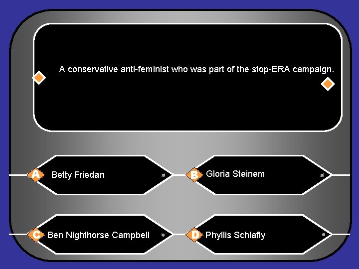A conservative anti-feminist who was part of the stop-ERA campaign. A Betty Friedan C