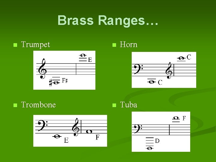 Brass Ranges… n Trumpet n Horn n Trombone n Tuba 