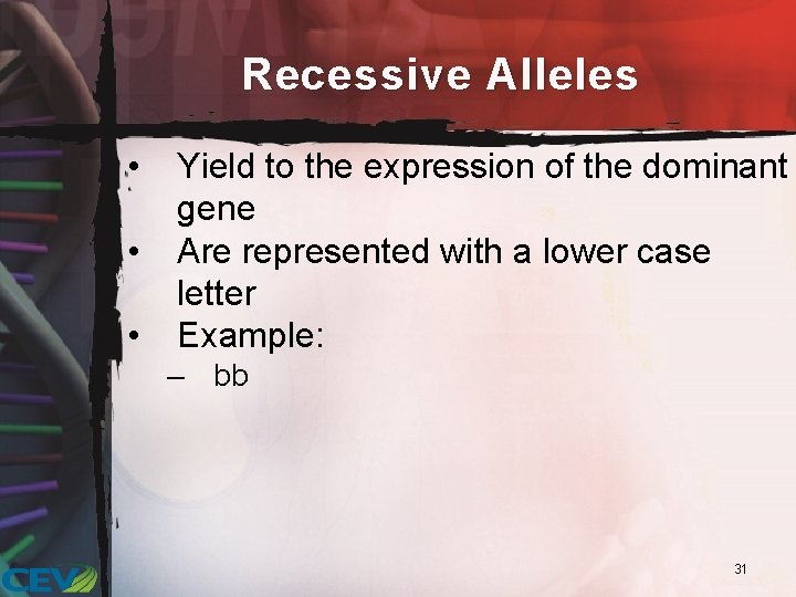 Recessive Alleles • • • Yield to the expression of the dominant gene Are