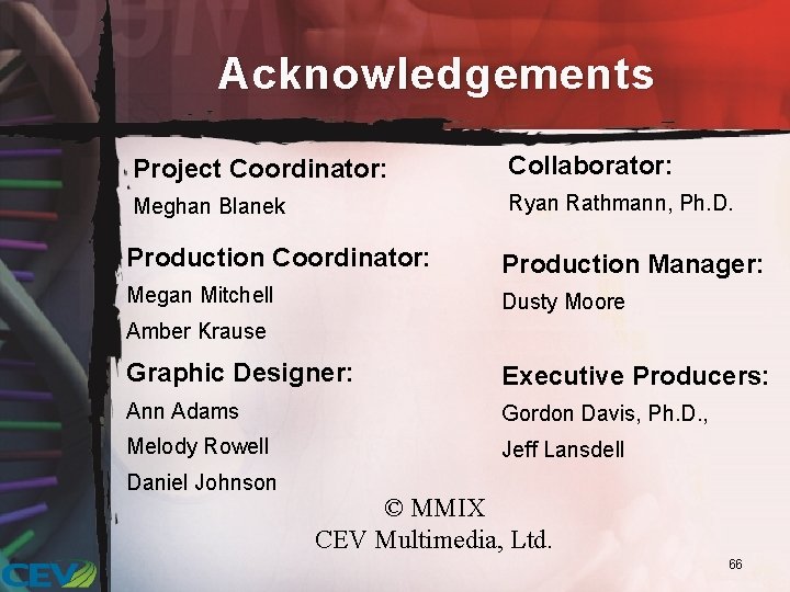 Acknowledgements Project Coordinator: Collaborator: Meghan Blanek Ryan Rathmann, Ph. D. Production Coordinator: Production Manager: