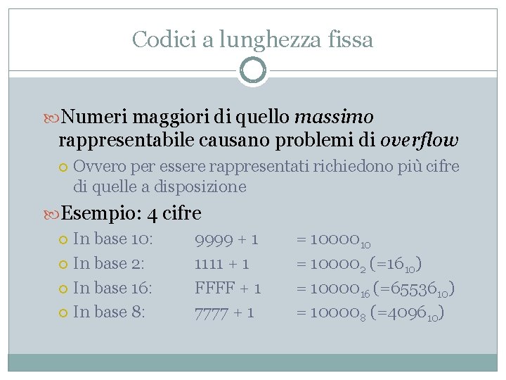 Codici a lunghezza fissa Numeri maggiori di quello massimo rappresentabile causano problemi di overflow
