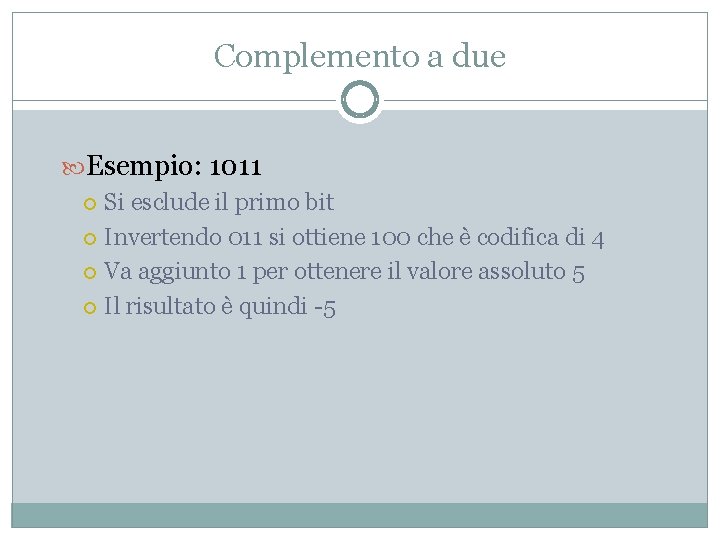 Complemento a due Esempio: 1011 Si esclude il primo bit Invertendo 011 si ottiene