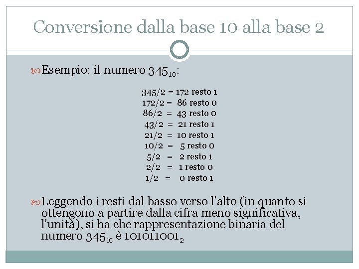 Conversione dalla base 10 alla base 2 Esempio: il numero 34510: 345/2 = 172