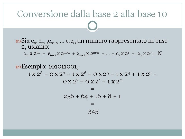 Conversione dalla base 2 alla base 10 Sia cm cm-1 cm-2 … c 1