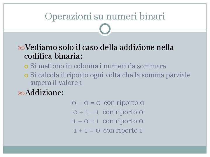 Operazioni su numeri binari Vediamo solo il caso della addizione nella codifica binaria: Si