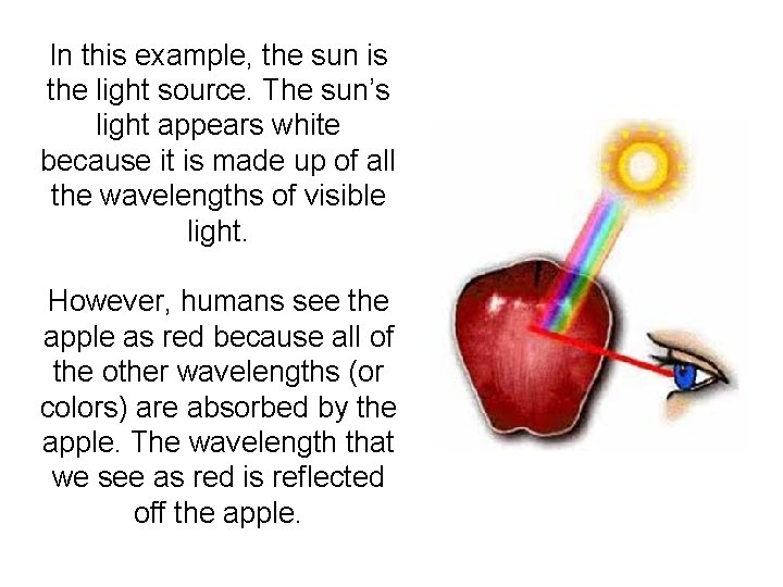 In this example, the sun is the light source. The sun’s light appears white