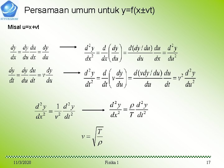 Persamaan umum untuk y=f(x±vt) Misal u=x+vt 11/3/2020 Fisika 1 17 