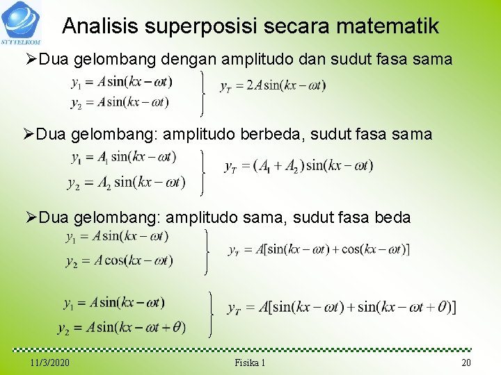 Analisis superposisi secara matematik ØDua gelombang dengan amplitudo dan sudut fasa sama ØDua gelombang: