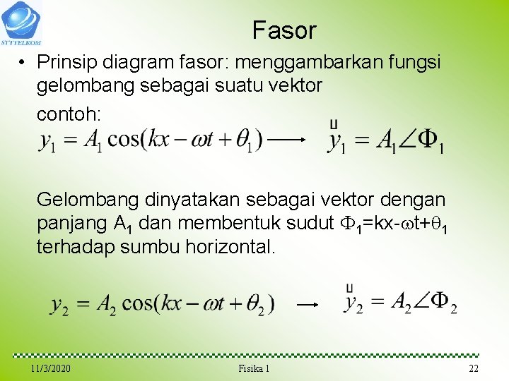 Fasor • Prinsip diagram fasor: menggambarkan fungsi gelombang sebagai suatu vektor contoh: Gelombang dinyatakan Fasor • Prinsip diagram fasor: menggambarkan fungsi gelombang sebagai suatu vektor contoh: Gelombang dinyatakan
