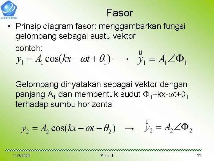 Fasor • Prinsip diagram fasor: menggambarkan fungsi gelombang sebagai suatu vektor contoh: Gelombang dinyatakan