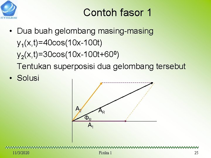 Contoh fasor 1 • Dua buah gelombang masing-masing y 1(x, t)=40 cos(10 x-100 t) Contoh fasor 1 • Dua buah gelombang masing-masing y 1(x, t)=40 cos(10 x-100 t)