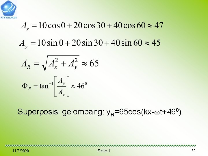 Superposisi gelombang: y. R=65 cos(kx- t+460) 11/3/2020 Fisika 1 30 Superposisi gelombang: y. R=65 cos(kx- t+460) 11/3/2020 Fisika 1 30