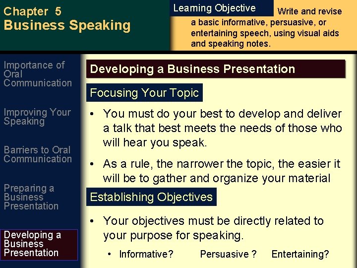 Chapter 5 Learning Objective Business Speaking Write and revise a basic informative, persuasive, or