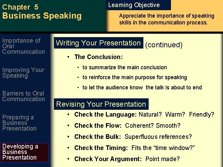 Chapter 5 Learning Objective Business Speaking Importance of Oral Communication Improving Your Speaking Barriers