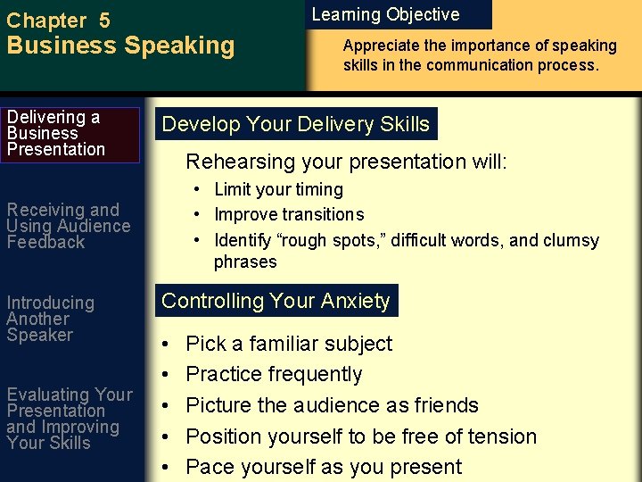 Learning Objective Chapter 5 Business Speaking Delivering a Business Presentation Develop Your Delivery Skills