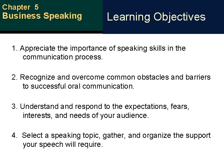 Chapter 5 Business Speaking Learning Objectives 1. Appreciate the importance of speaking skills in