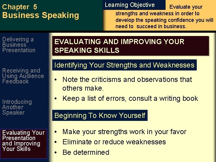 Chapter 5 Learning Objective Business Speaking Delivering a Business Presentation Receiving and Using Audience