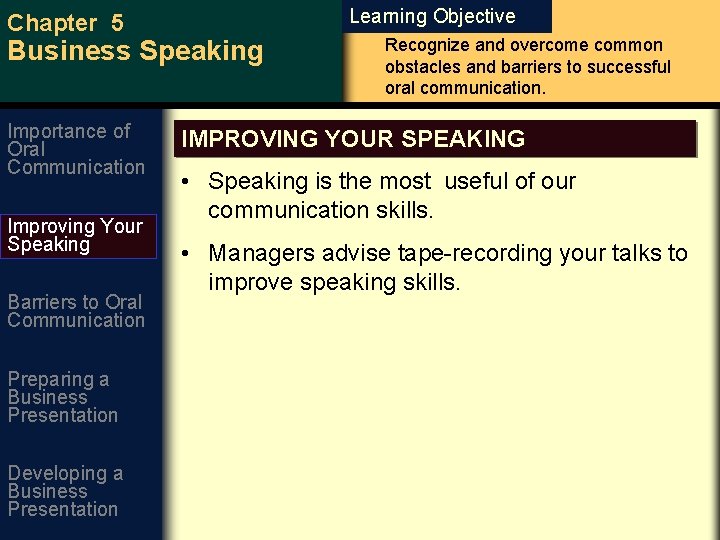 Chapter 5 Learning Objective Business Speaking Importance of Oral Communication Improving Your Speaking Barriers