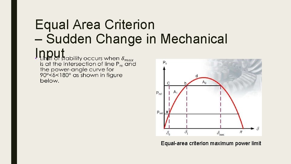 Equal Area Criterion – Sudden Change in Mechanical Input ■ Equal-area criterion maximum power