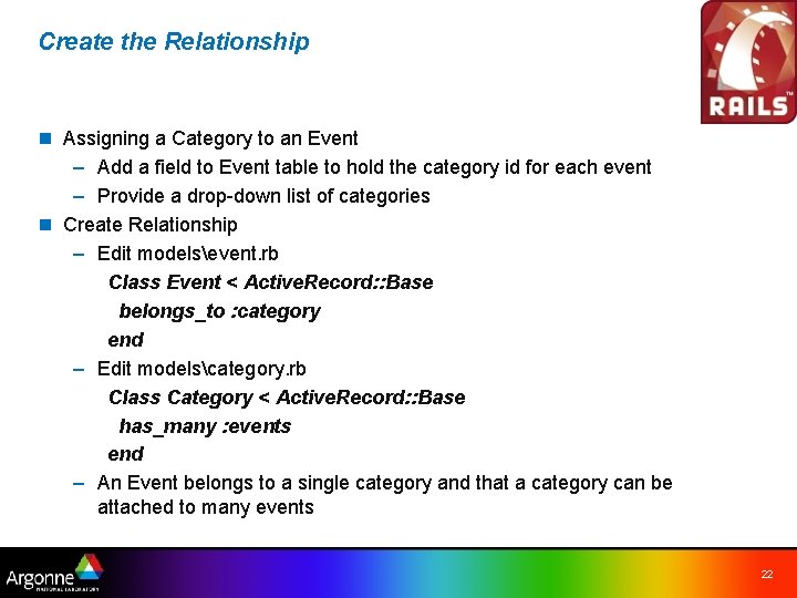 Create the Relationship n Assigning a Category to an Event – Add a field