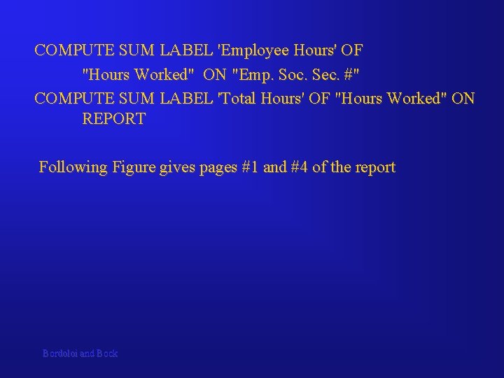 COMPUTE SUM LABEL 'Employee Hours' OF "Hours Worked" ON "Emp. Soc. Sec. #" COMPUTE COMPUTE SUM LABEL 'Employee Hours' OF "Hours Worked" ON "Emp. Soc. Sec. #" COMPUTE