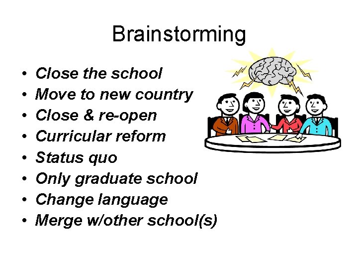 Brainstorming • • Close the school Move to new country Close & re-open Curricular