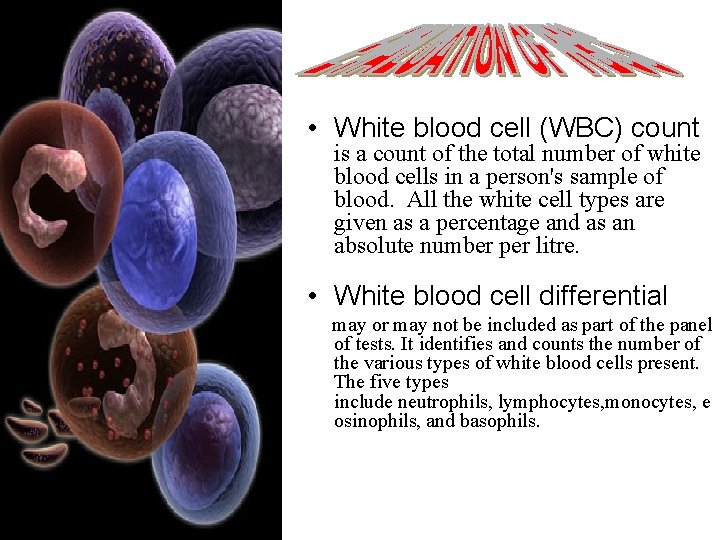  • White blood cell (WBC) count is a count of the total number