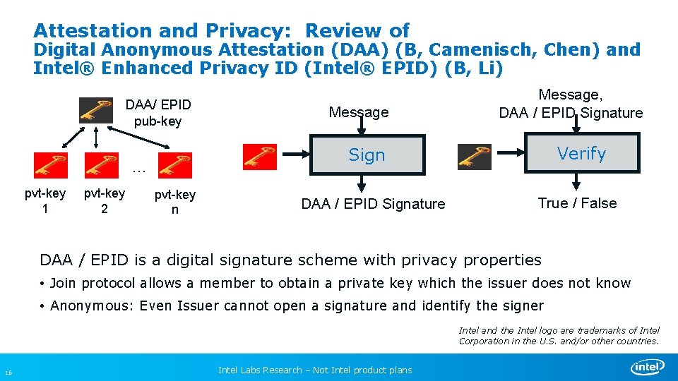 Attestation and Privacy: Review of Digital Anonymous Attestation (DAA) (B, Camenisch, Chen) and Intel®