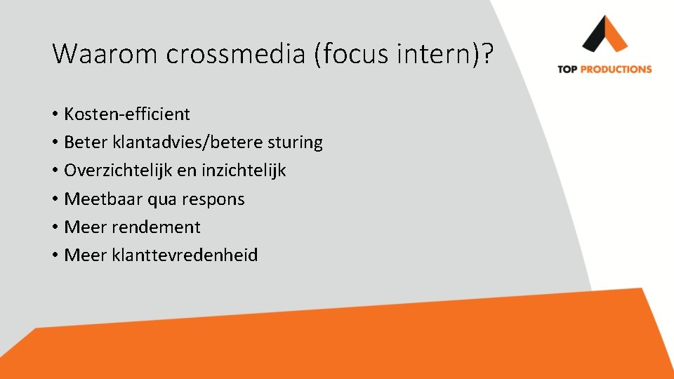 Waarom crossmedia (focus intern)? • Kosten-efficient • Beter klantadvies/betere sturing • Overzichtelijk en inzichtelijk