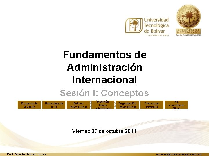 Fundamentos de Administración Internacional Esquema de la Sesión I: Conceptos Básicos Naturaleza de la