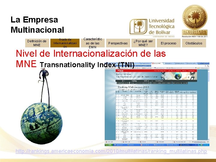 La Empresa Multinacional Definición de MNE Grado de Internacionalizaci ón Característic as de las