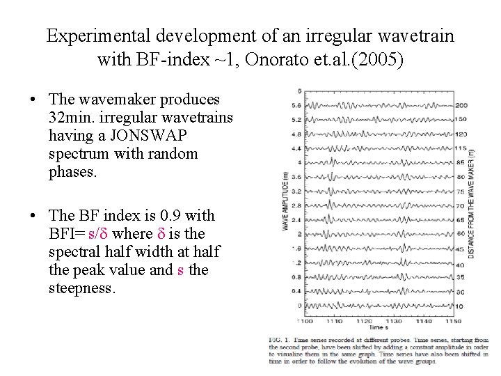 Experimental development of an irregular wavetrain with BF-index ~1, Onorato et. al. (2005) •