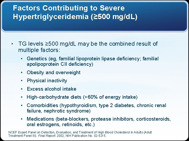 Factors Contributing to Severe Hypertriglyceridemia (≥ 500 mg/d. L) • TG levels ≥ 500
