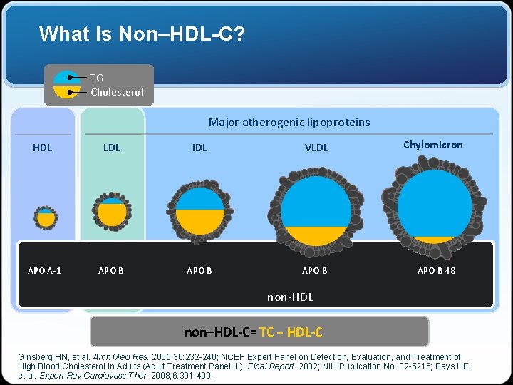 What Is Non–HDL-C? TG Cholesterol Major atherogenic lipoproteins HDL LDL IDL VLDL APO A-1