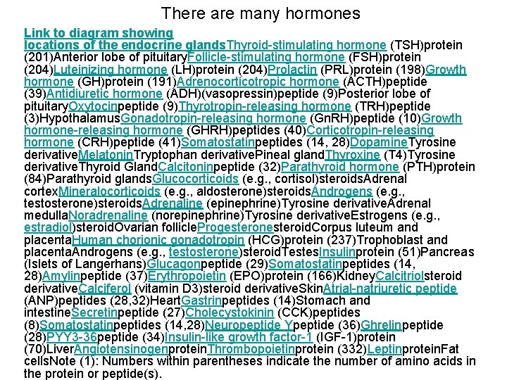 There are many hormones Link to diagram showing locations of the endocrine glands. Thyroid-stimulating