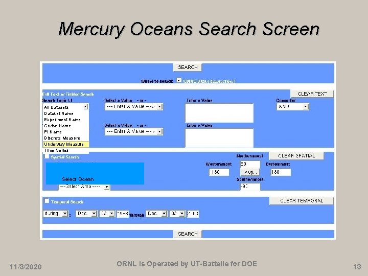 Mercury Oceans Search Screen All Datasets Dataset Name Experiment Name Cruise Name PI Name