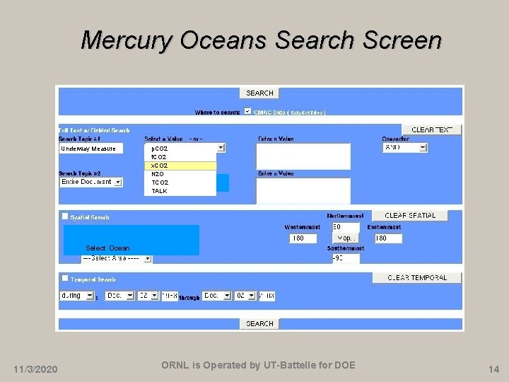 Mercury Oceans Search Screen Underway Measure p. CO 2 f. CO 2 x. CO