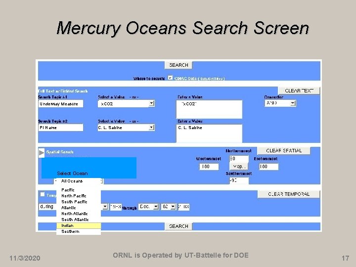 Mercury Oceans Search Screen Underway Measure x. CO 2 PI Name C. L. Sabine