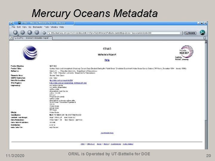 Mercury Oceans Metadata 11/3/2020 ORNL is Operated by UT-Battelle for DOE 20 