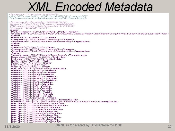 XML Encoded Metadata 11/3/2020 ORNL is Operated by UT-Battelle for DOE 23 