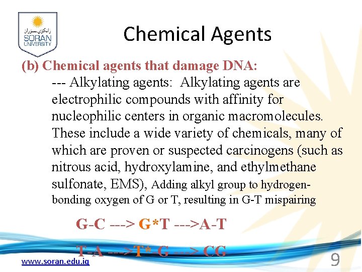 Chemical Agents (b) Chemical agents that damage DNA: --- Alkylating agents: Alkylating agents are