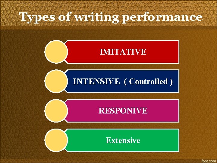 Types of writing performance IMITATIVE INTENSIVE ( Controlled ) RESPONIVE Extensive 