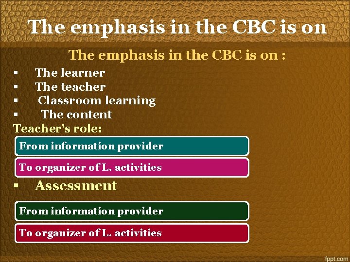 The emphasis in the CBC is on : § The learner § The teacher