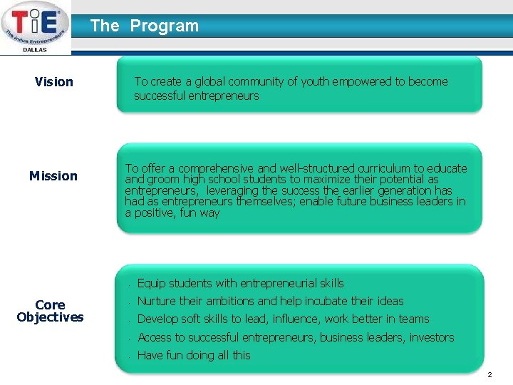 The Program Vision Mission To create a global community of youth empowered to become