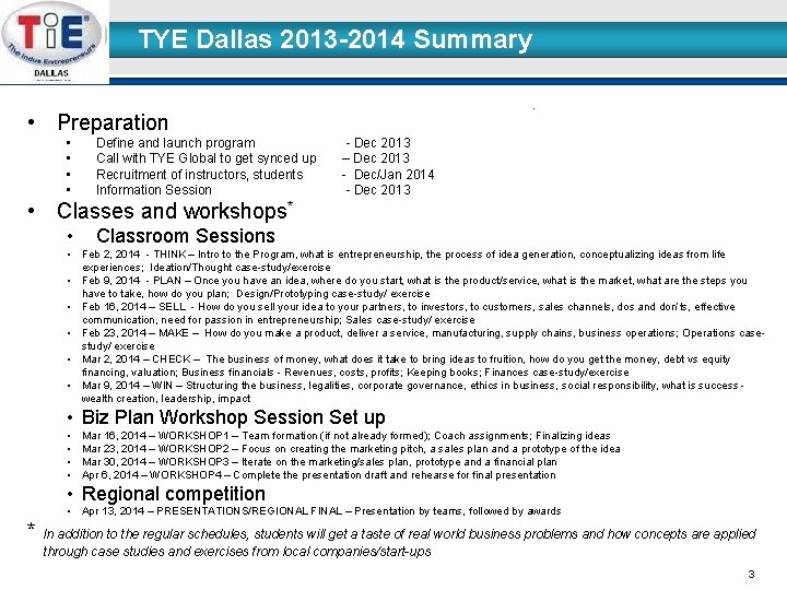 TYE Dallas 2013 -2014 Summary • • Preparation • • Define and launch program