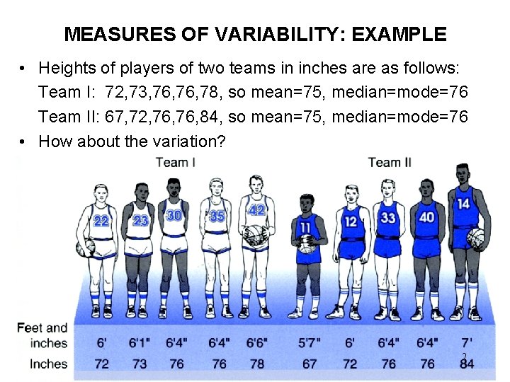 MEASURES OF VARIABILITY: EXAMPLE • Heights of players of two teams in inches are