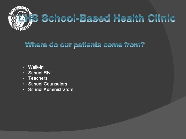 • • • Walk-in School RN Teachers School Counselors School Administrators 