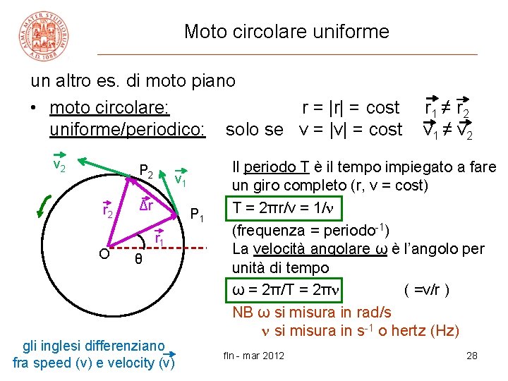 Moto circolare uniforme un altro es. di moto piano • moto circolare: r =