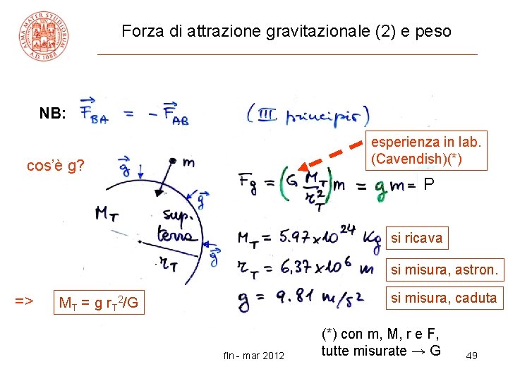 Forza di attrazione gravitazionale (2) e peso NB: esperienza in lab. (Cavendish)(*) cos’è g?